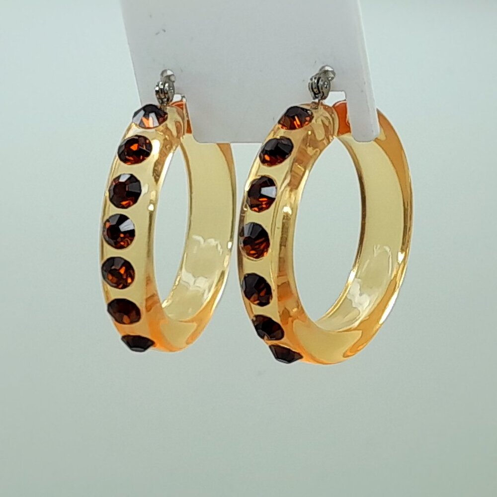 SMOKED TOPAZ RHINESTONE LADIES/WOMEN FASHION 1.5 INCH PLASTIC HOOP EARRINGS